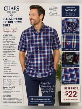 Chaps Plaid Short Sleeve Button-Down Shirt in Navy, Red & Yellow